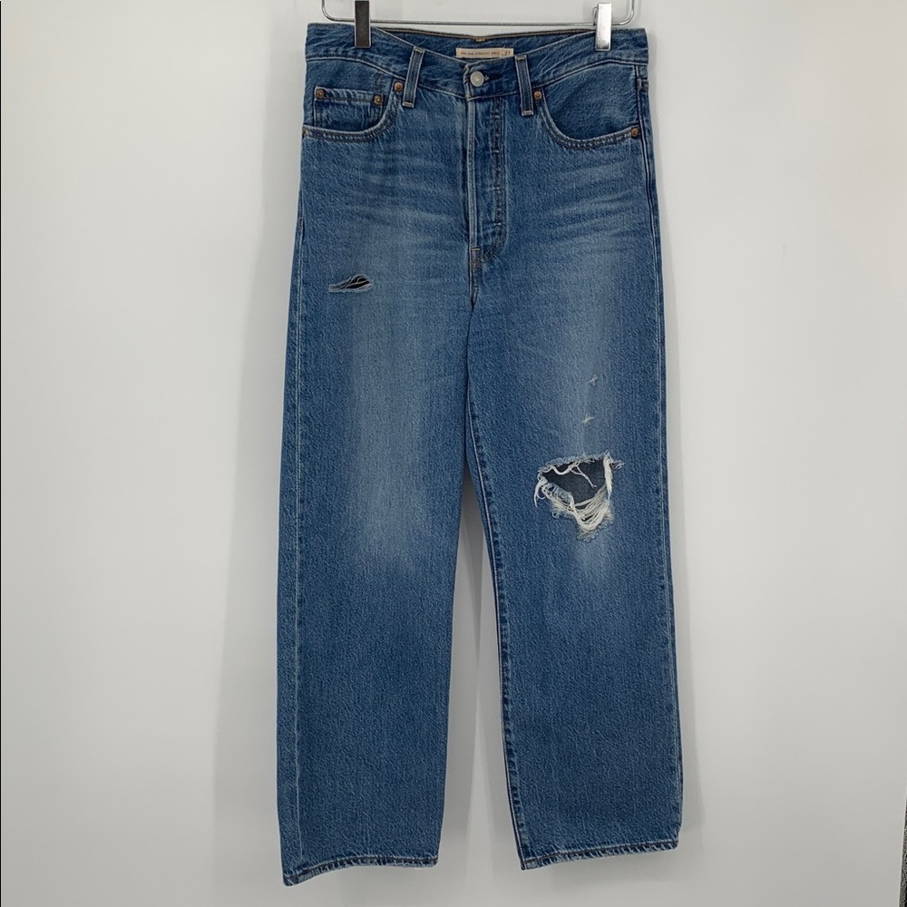 Levis ribcage straight ankle high waist jeans distressed wide leg blue button 27